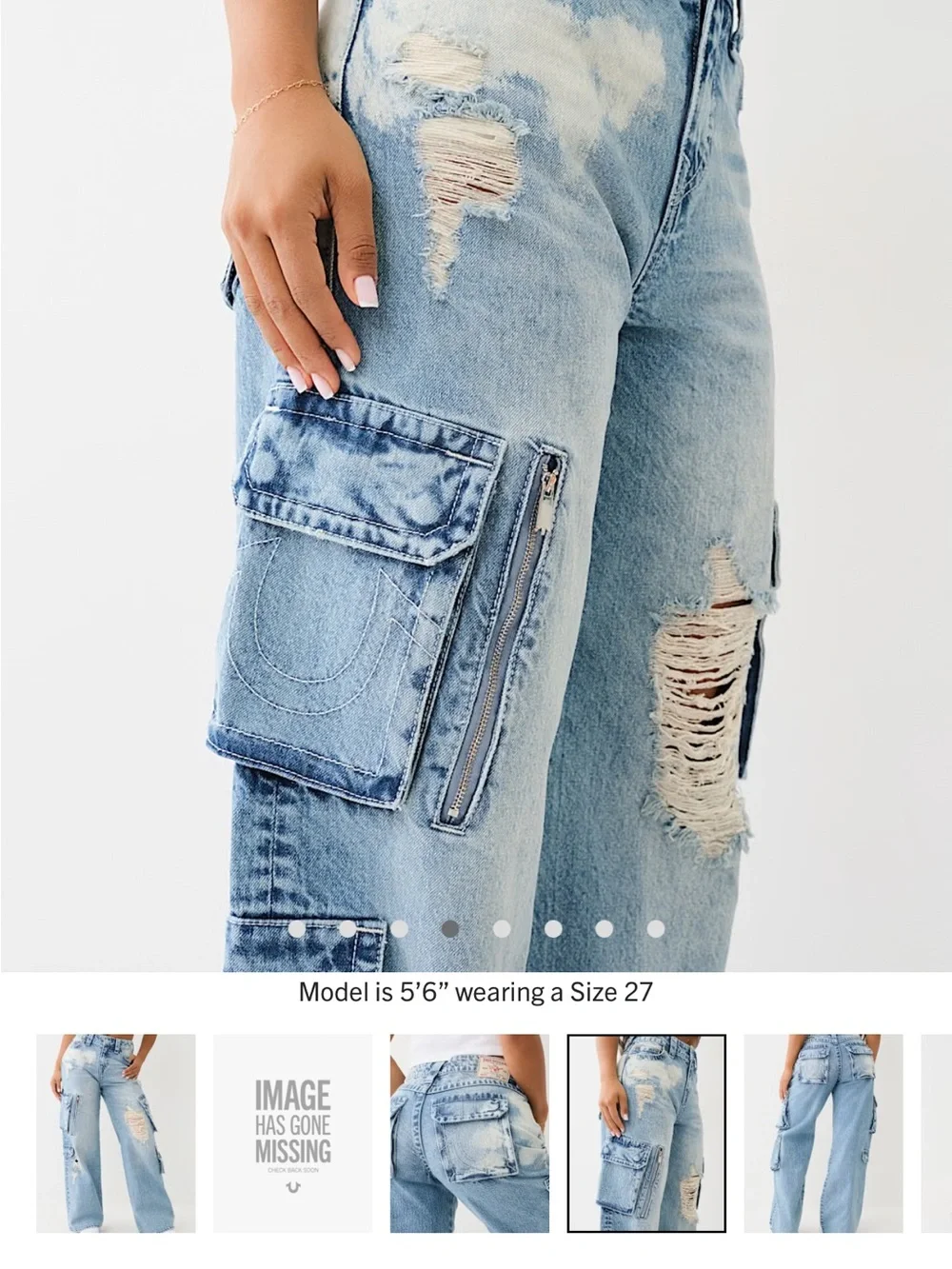 True Religion Light Blue Distressed Wide Leg Cargo Jeans NWOT